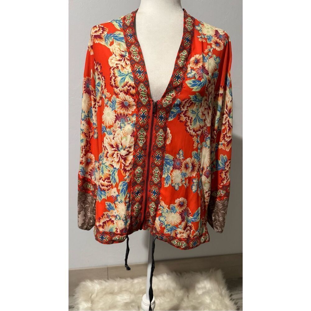 Free People floral print mix print chiffon zip front cinch tie  on hem Xs/S jack - Picture 2 of 9
